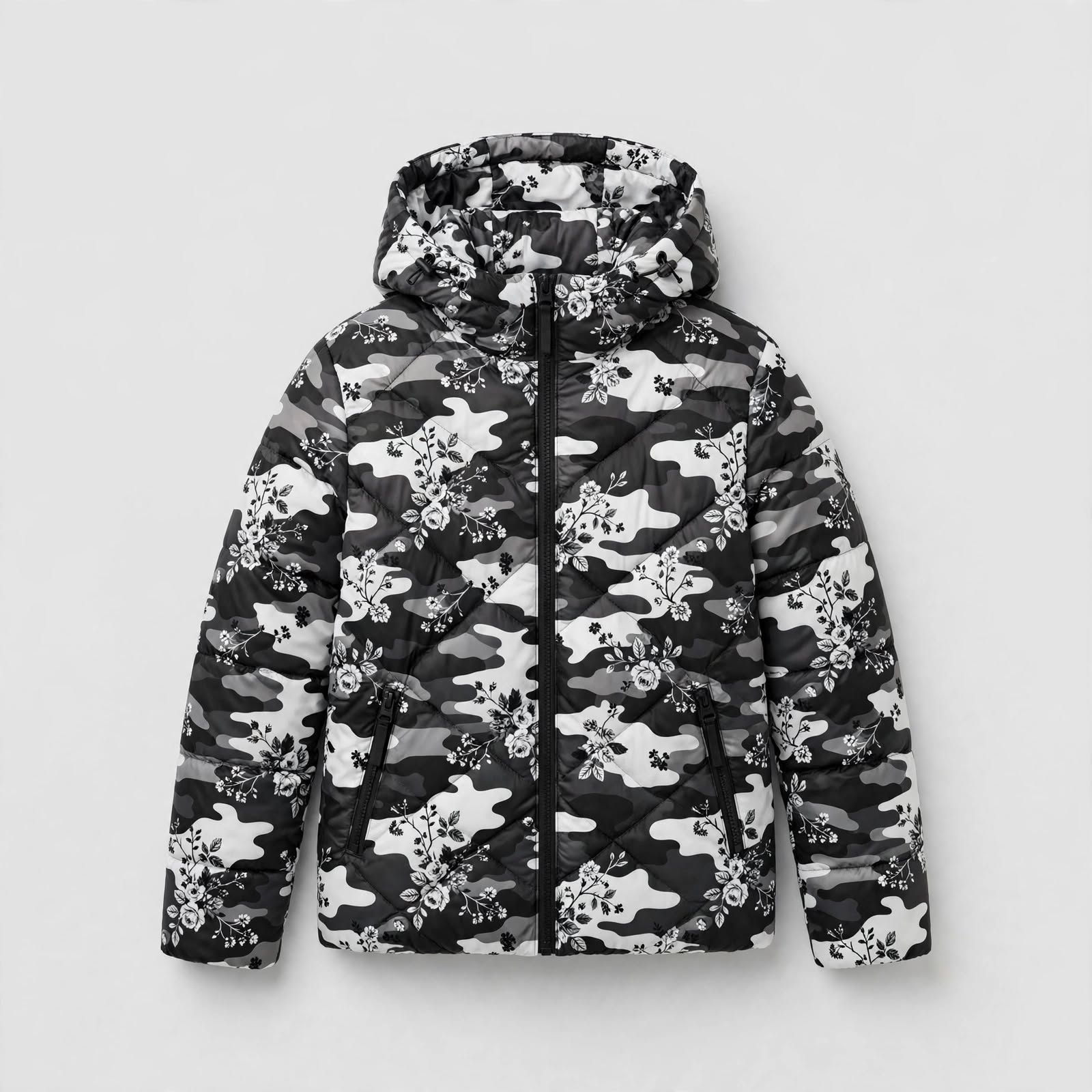 Camo Print Puffer Jacket with Hood